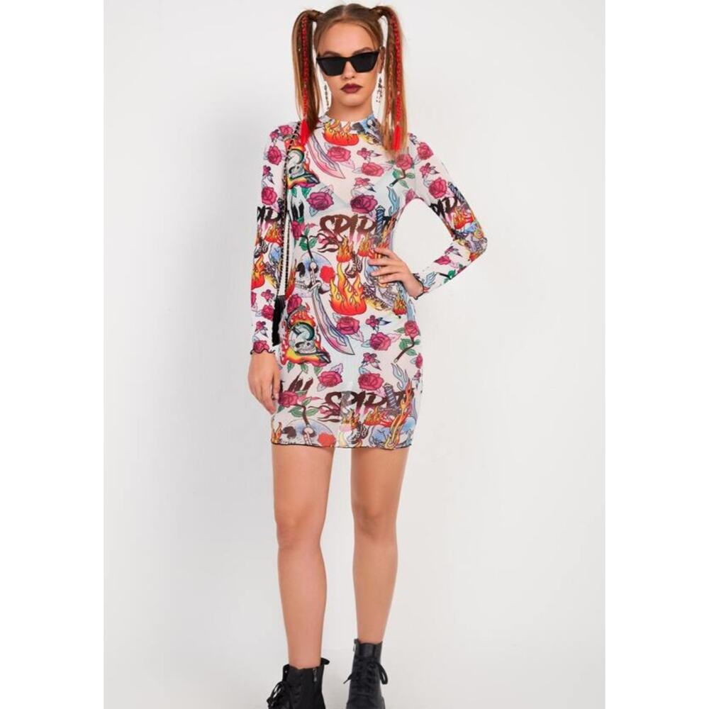 Mini Mesh Dress Sz XS Fire‎ and Floral print Shein Dopamine Dressing Rockabilly